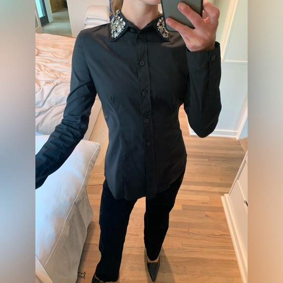 DESIGNER PRADA BLACK SHIRT W EMBROIDERED COLLAR - Picture 9 of 14